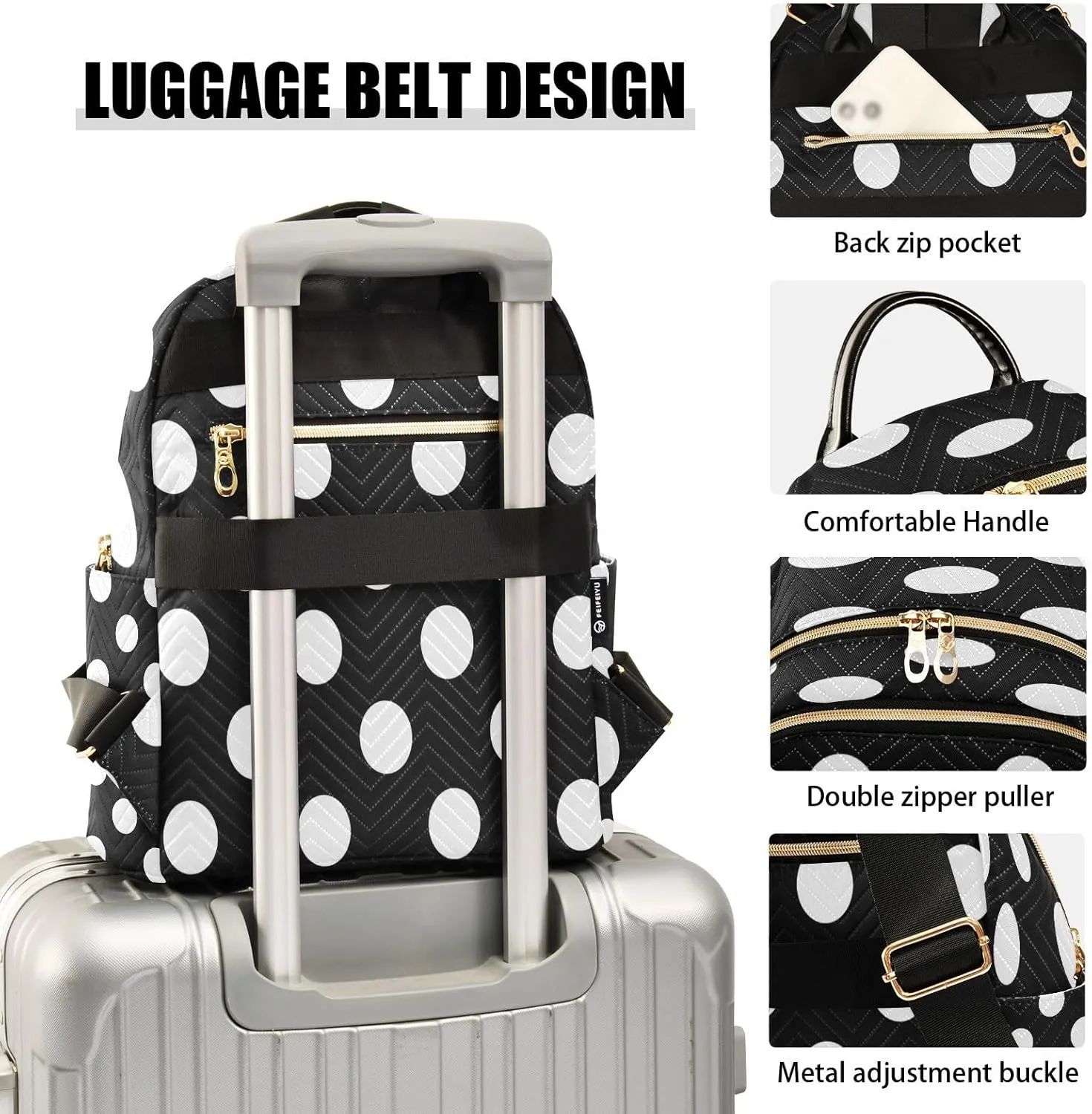 ALAZA Big Polka Dot Black Women Backpack Purse Ladies Fashion Shoulder Bag Daypack Travel Bag 7.5L