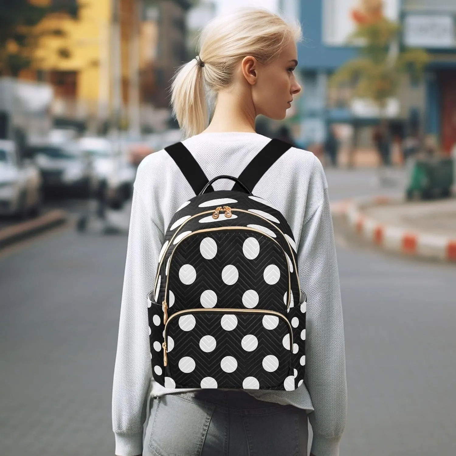 ALAZA Big Polka Dot Black Women Backpack Purse Ladies Fashion Shoulder Bag Daypack Travel Bag 7.5L