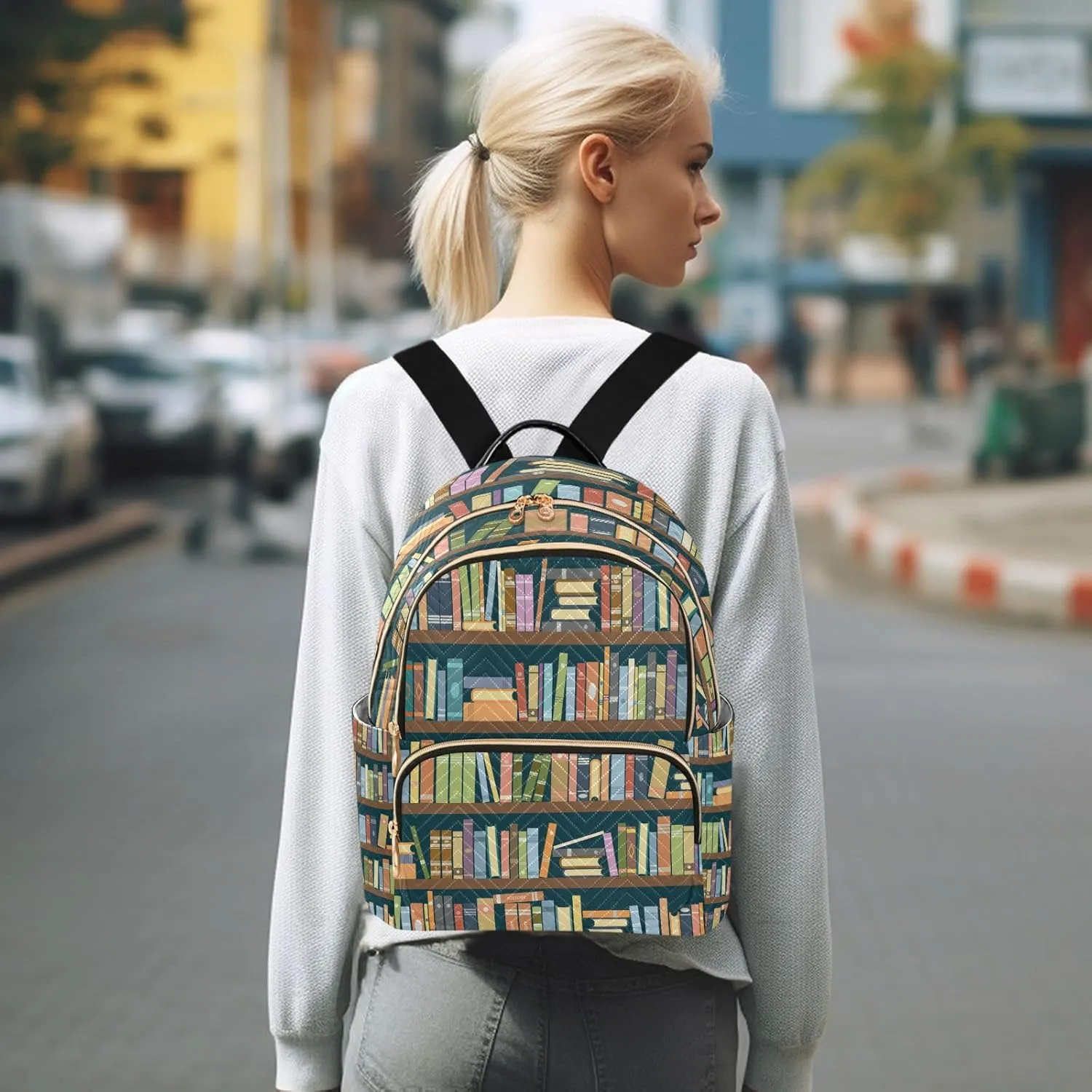 ALAZA Bookshelves Library Women Backpack Purse Ladies Fashion Shoulder Bag Daypack Travel Bag 7.5L