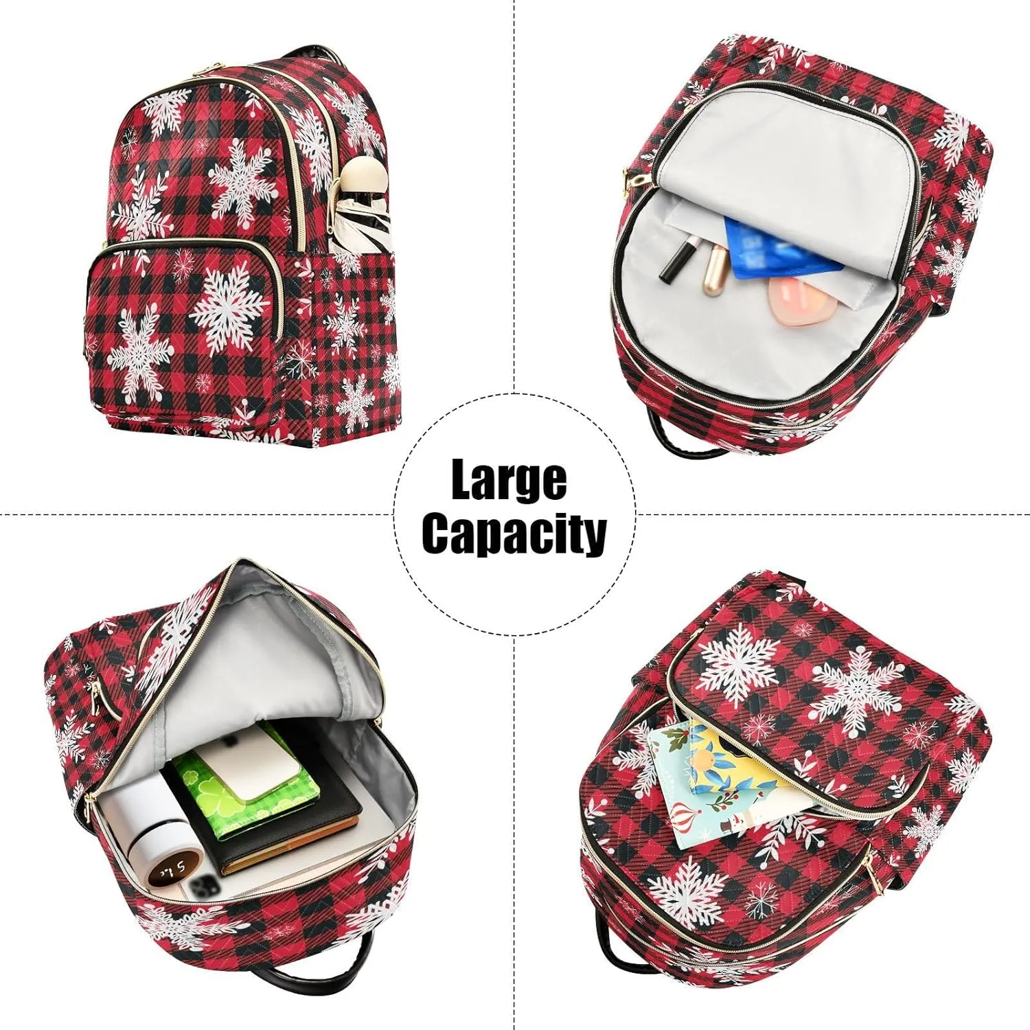 ALAZA Christmas Snowflake Buffalo Plaid Women Backpack Purse Ladies Fashion Shoulder Bag Daypack Travel Bag 7.5L