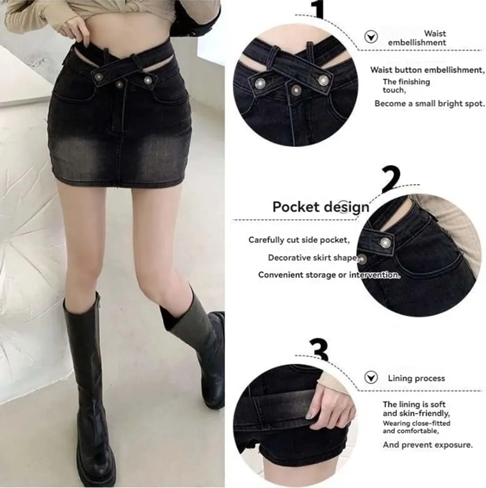 American Spicy Girl Cross high Waisted Denim Skirt A-line Short Skirt Retro Elastic Hip Hugging Skirt