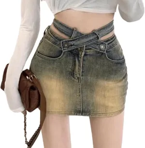 American Spicy Girl Cross high Waisted Denim Skirt A-line Short Skirt Retro Elastic Hip Hugging Skirt