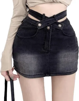 American Spicy Girl Cross high Waisted Denim Skirt A-line Short Skirt Retro Elastic Hip Hugging Skirt