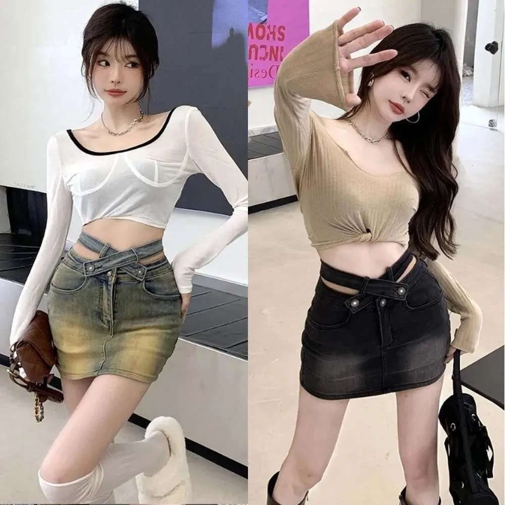 American Spicy Girl Cross high Waisted Denim Skirt A-line Short Skirt Retro Elastic Hip Hugging Skirt