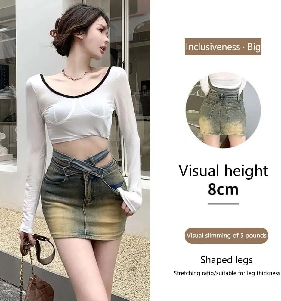 American Spicy Girl Cross high Waisted Denim Skirt A-line Short Skirt Retro Elastic Hip Hugging Skirt