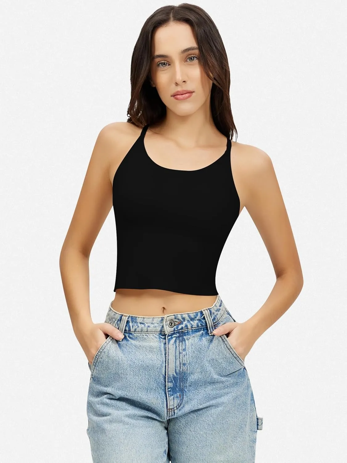 Artdear Womens Scoop Neck Camisole - Double Lined Tank Top Spaghetti Strap Basic Crop Tops Air Touch Fabric