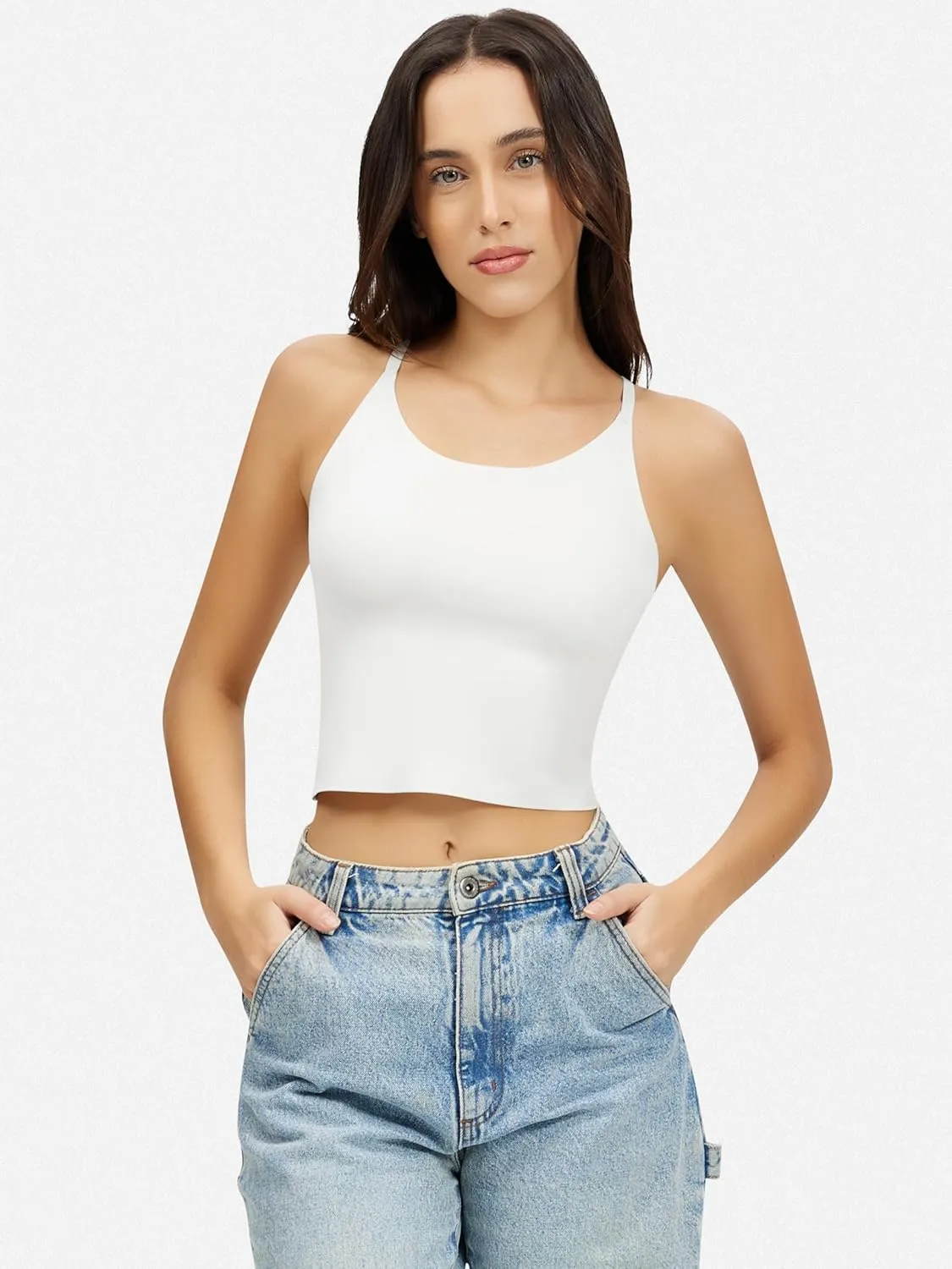 Artdear Womens Scoop Neck Camisole - Double Lined Tank Top Spaghetti Strap Basic Crop Tops Air Touch Fabric