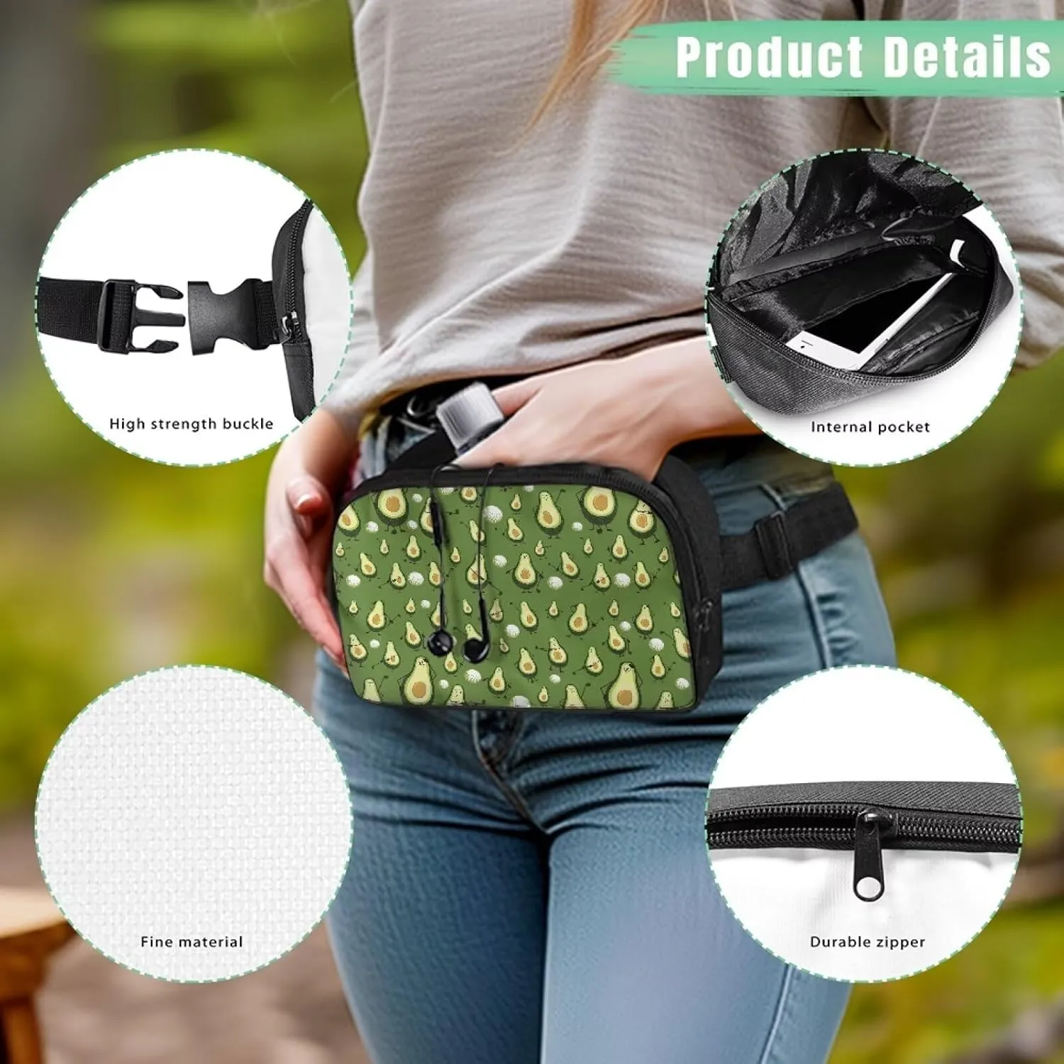 Avocado Fanny Pack Women's Fashion Fanny Pack Kawaii Lightweight Waist Pack with Zipper Closure for Women Cycling Shopping Hiking Vacation Travel Green Waist Bag Easy to Carry