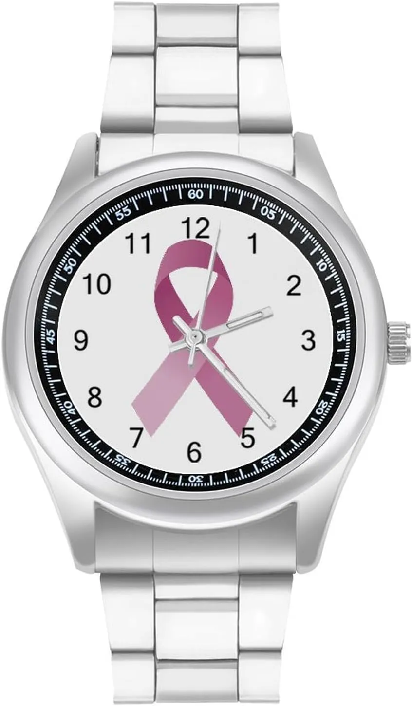 Awareness Ribbon Stainless Steel Strap Simple Business Watches for Men Easy Reader Work Casual Watch