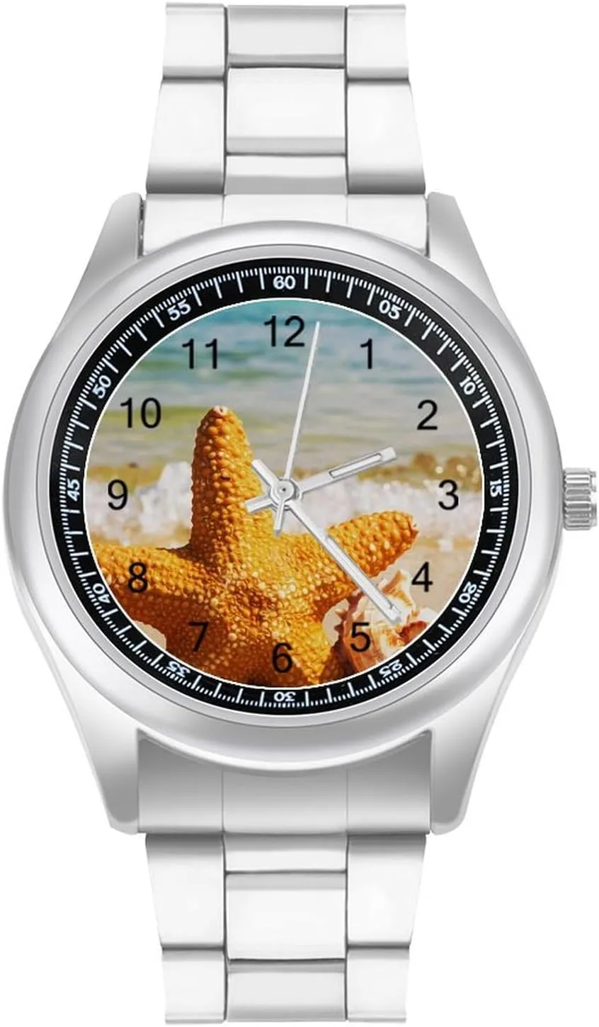 Beach and Starfish Stainless Steel Strap Simple Business Watches for Men Easy Reader Work Casual Watch