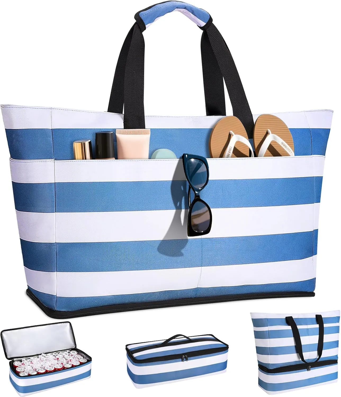 Beach Bag with Cooler, Beach Bags Waterproof Sandproof for Women Men, 49L Extra Large Beach Tote Swim Pool Bag with Zipper and Wet Compartment for Family/Gym/Travel/Vacation Essentials (Blue)
