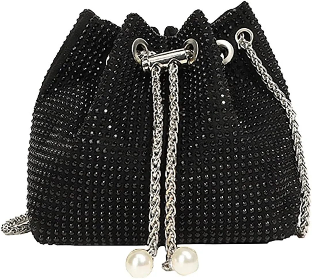 BILIKEYU Crossbody Shoulder Evening Bag Shinny Bling Clutch Purse Bucket Pearl Strap Handbag For Women Canvas (Black, One Size)