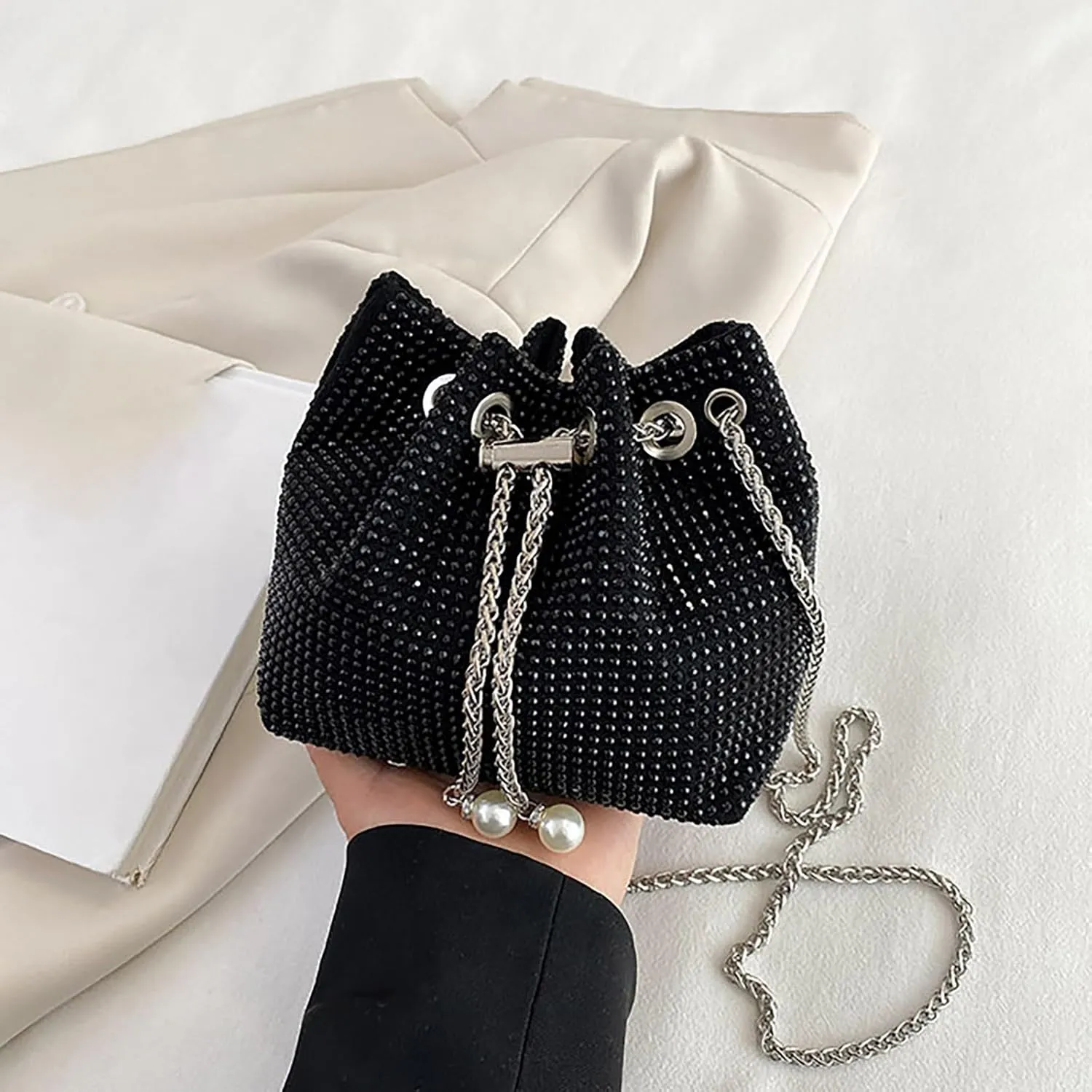 BILIKEYU Crossbody Shoulder Evening Bag Shinny Bling Clutch Purse Bucket Pearl Strap Handbag For Women Canvas (Black, One Size)