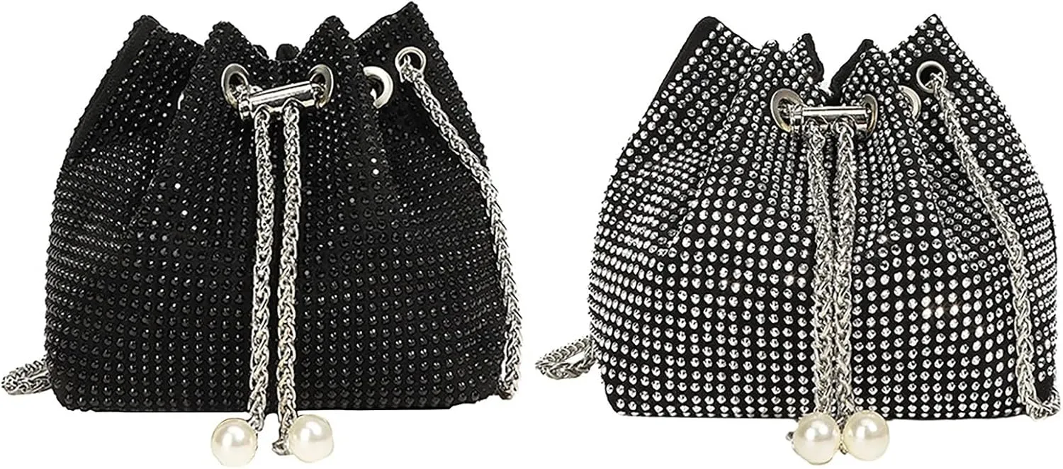 BILIKEYU Crossbody Shoulder Evening Bag Shinny Bling Clutch Purse Bucket Pearl Strap Handbag For Women Canvas (Black, One Size)