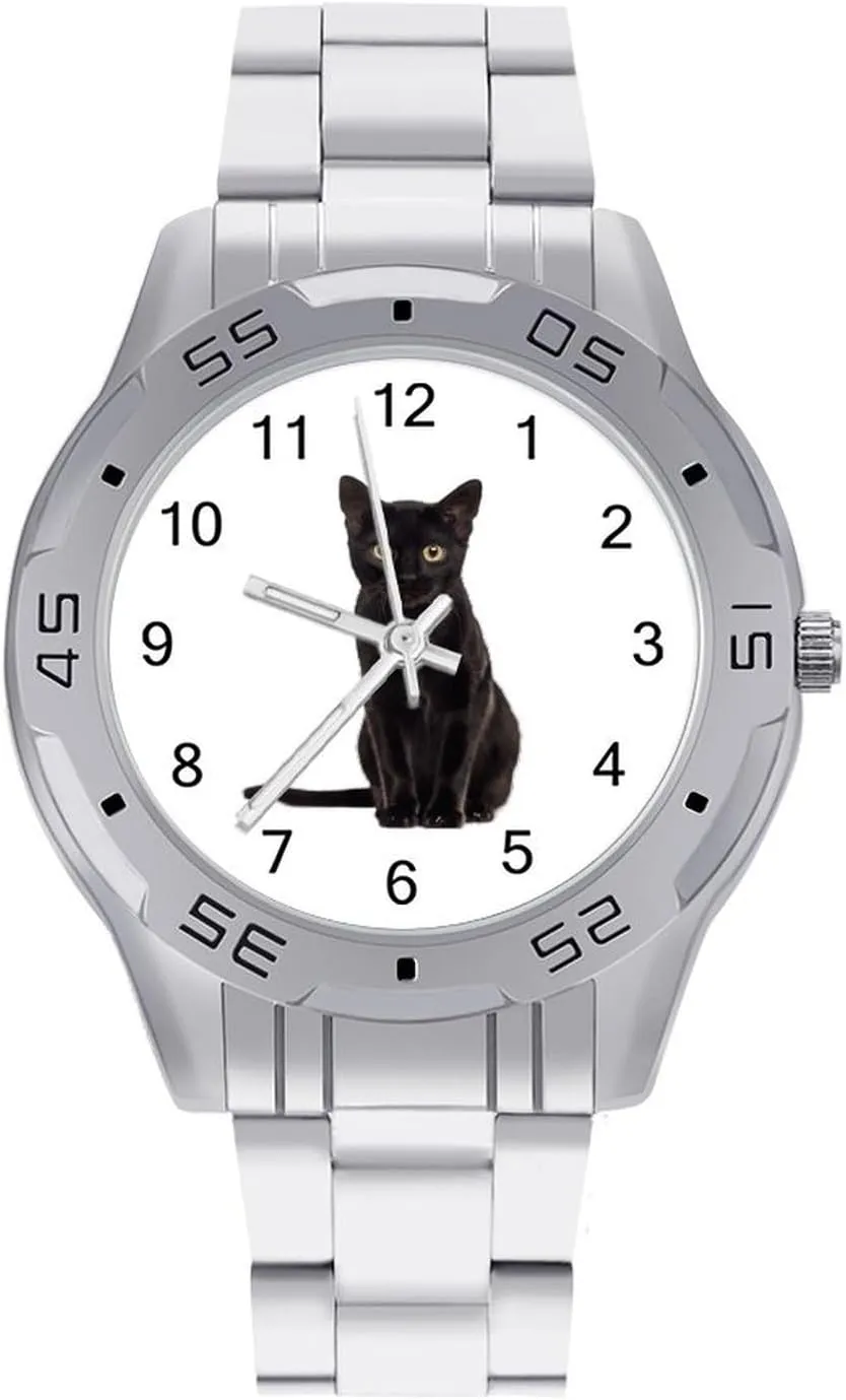 Black Cat Stainless Steel Metal Strap Simple Business Watches for Men Easy Reader Work Casual Watch