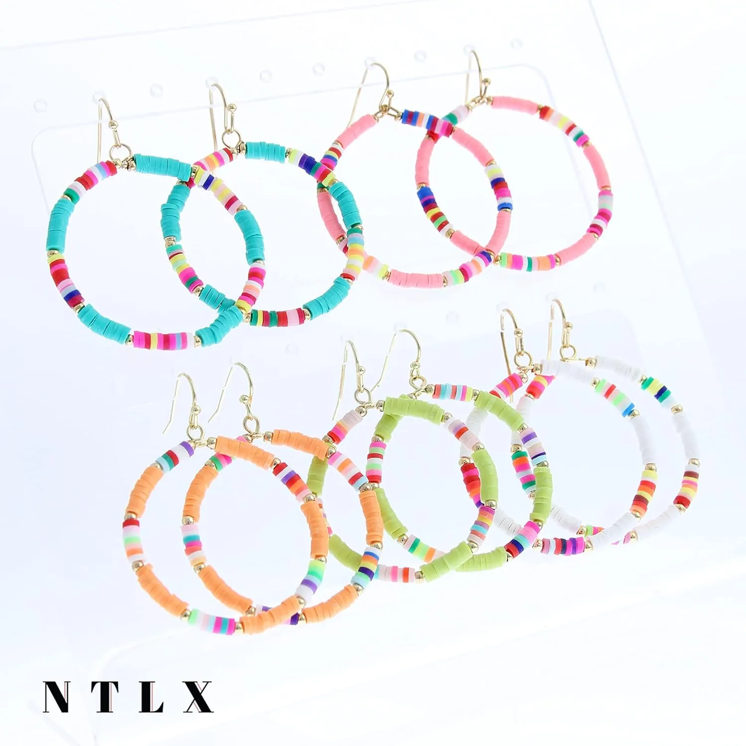 Bohemian Boho Summer Hoop Dangle Earrings  Delicate Cute Handcrafted Rainbow Colorful Heishi Beads - Lightweight  Gold Plated  with Gift Box Included