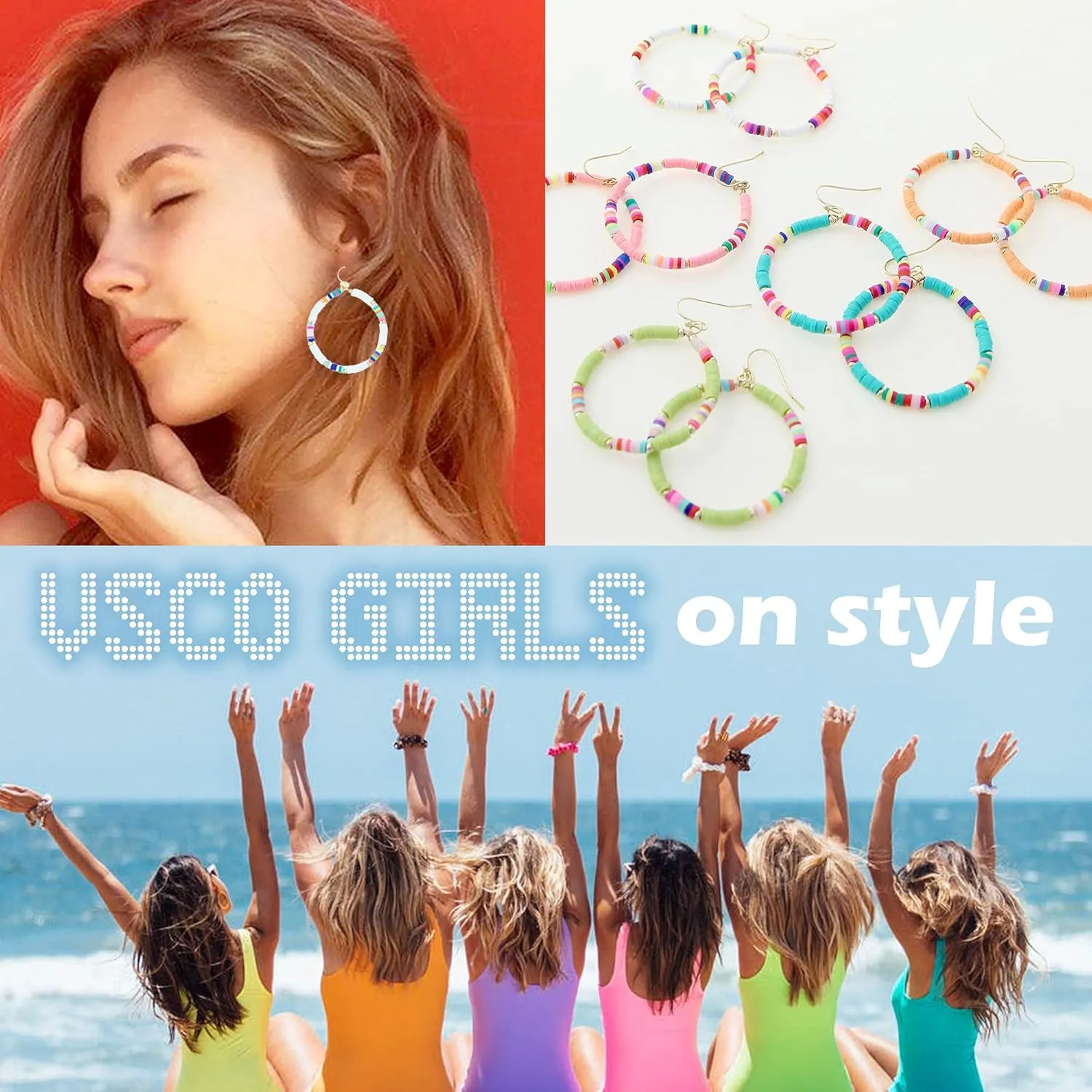 Bohemian Boho Summer Hoop Dangle Earrings  Delicate Cute Handcrafted Rainbow Colorful Heishi Beads - Lightweight  Gold Plated  with Gift Box Included