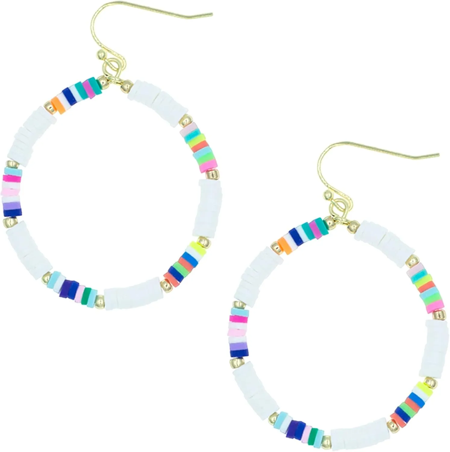 Bohemian Boho Summer Hoop Dangle Earrings  Delicate Cute Handcrafted Rainbow Colorful Heishi Beads - Lightweight  Gold Plated  with Gift Box Included