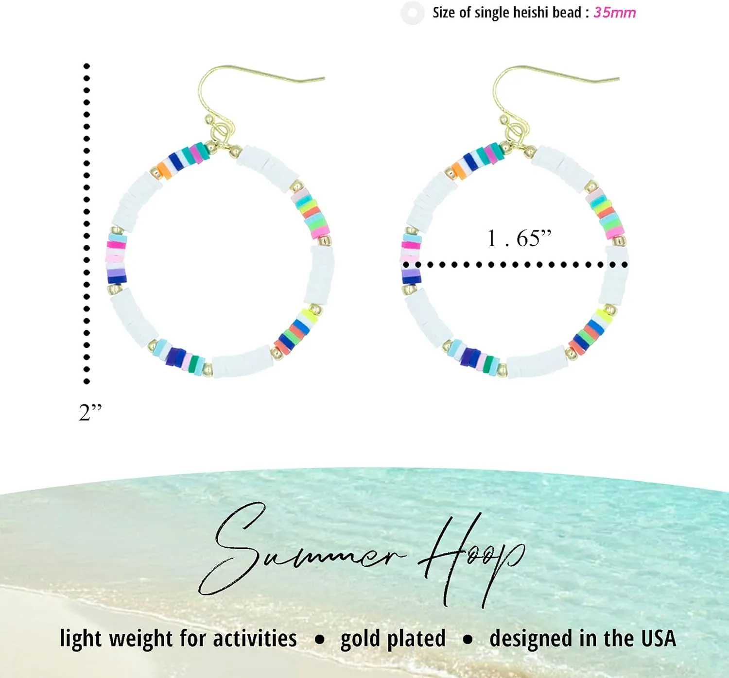 Bohemian Boho Summer Hoop Dangle Earrings  Delicate Cute Handcrafted Rainbow Colorful Heishi Beads - Lightweight  Gold Plated  with Gift Box Included