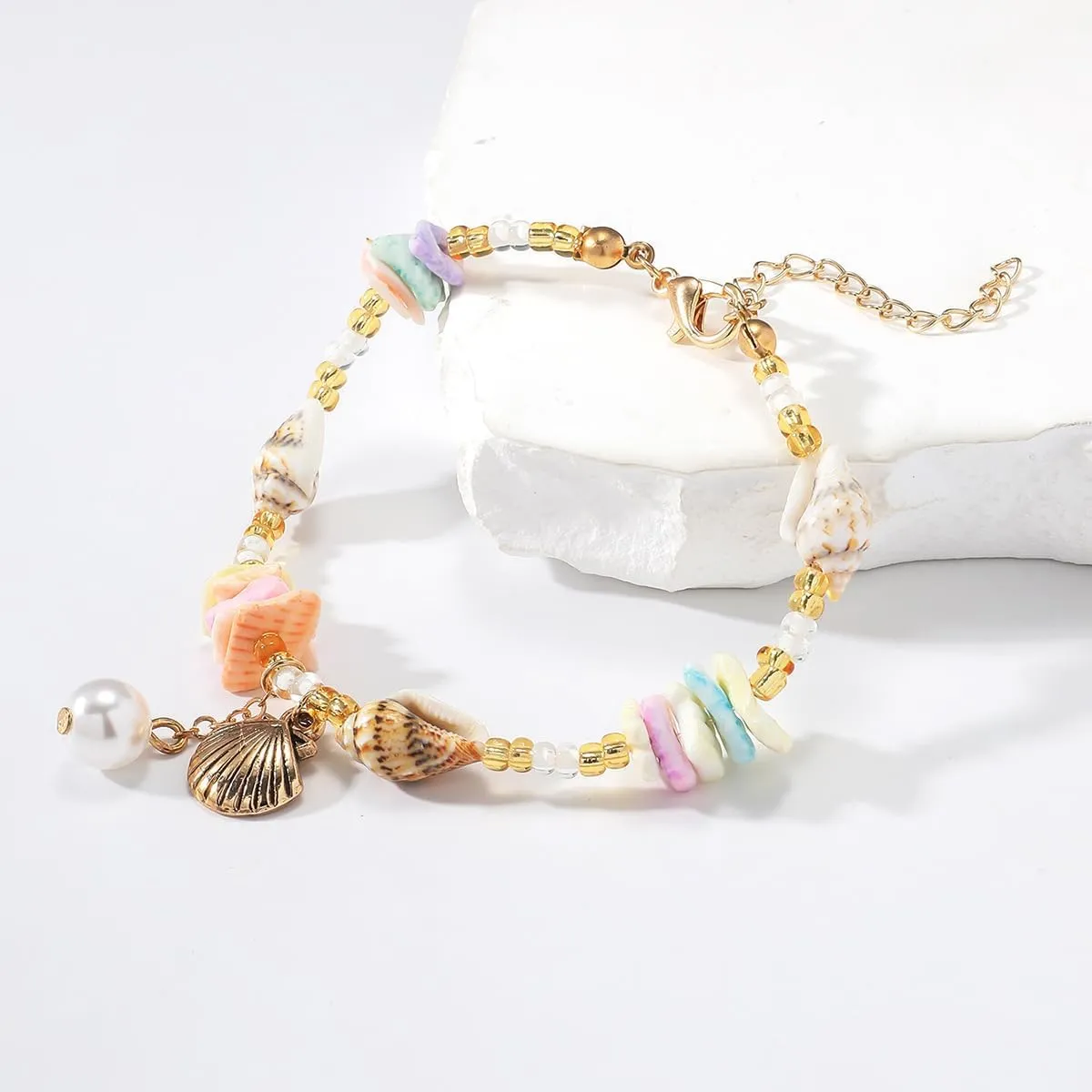 Boho Beaded Bracelets for Women Gold Silver Starfish Shell Conch Pendant Bracelets Stretch Bangle Beach Ocean Jewelry
