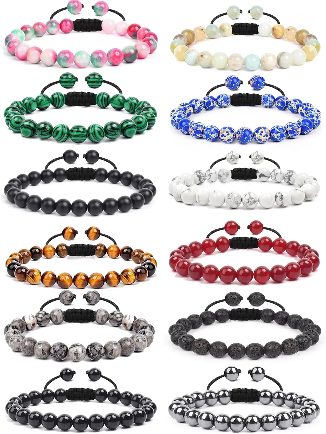 BOMAIL 12Pcs Natural Semi-Precious Gemstones Bracelets - Adjustable Round Beaded Bracelets Reiki Healing Crystals Beads Bracelet for Women Men