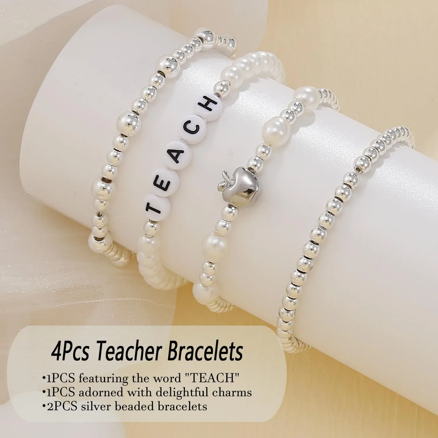 BOMAIL 4Pcs Teacher Appreciation Bracelets for Women - Gold Beaded Teacher Bracelets Personalized Stackable Teacher Bracelets Thank You Teacher Bracelet for Women