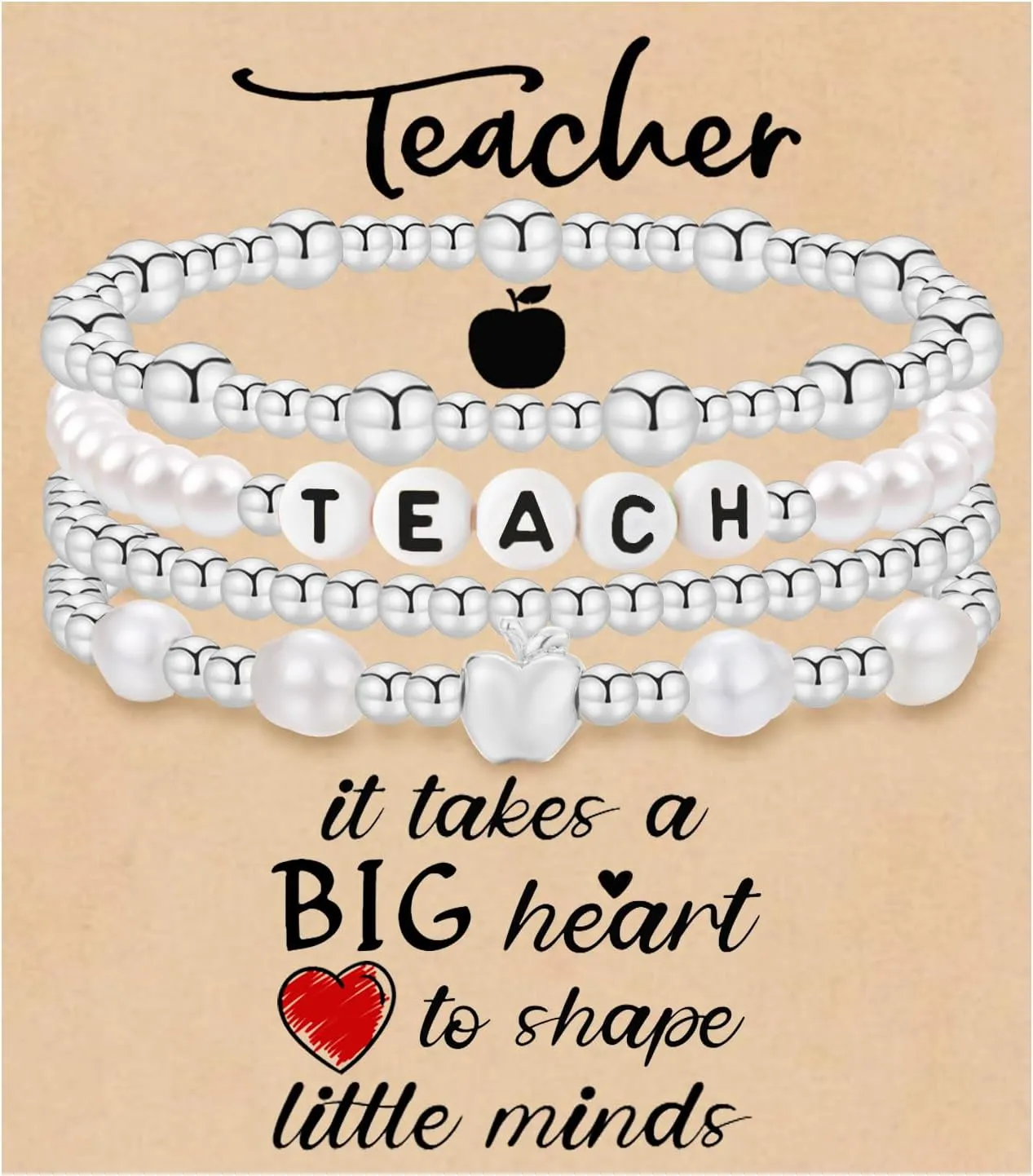BOMAIL 4Pcs Teacher Appreciation Bracelets for Women - Gold Beaded Teacher Bracelets Personalized Stackable Teacher Bracelets Thank You Teacher Bracelet for Women