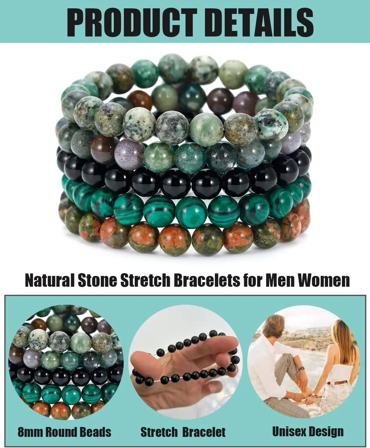 BOMAIL 5PCS Semi-Precious Gemstone Bracelet - Healing Crystal Stone Beaded Bracelets for Women Men 8mm Round Beaded Stretch Bracelets Unisex Yoga Bracelets