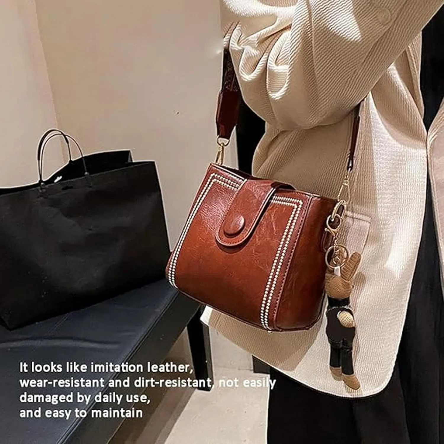 Bootara Bucket Bag, Small Bucket Bag, with Adjustable Wide Shoulder Strap, Women's Vintage Bunny Charm Buckets Bags