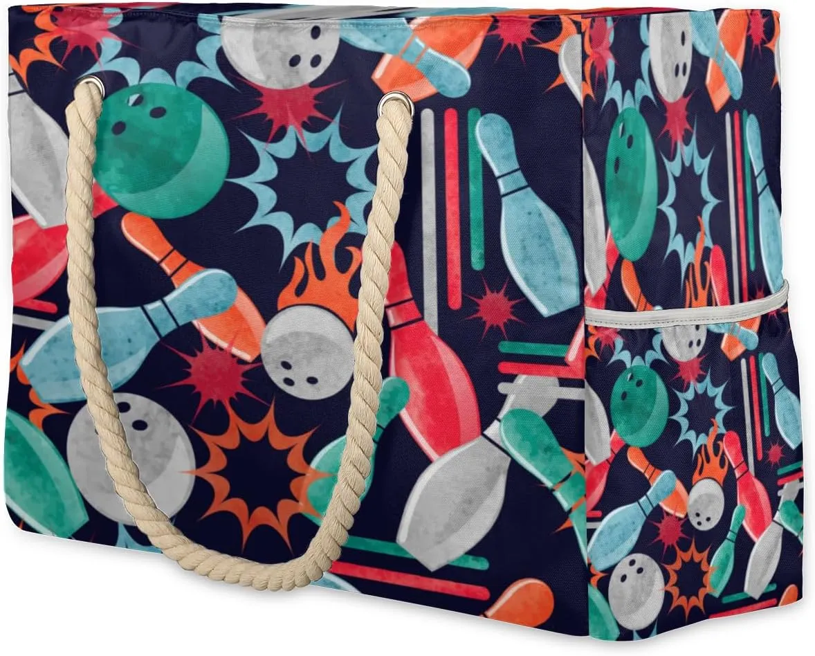 Bowling Beach Bags for Women Bowling Large Beach Tote Bag with Zipper Big Beach Bag Waterproof Sandproof Travel Nurse Tote Bag