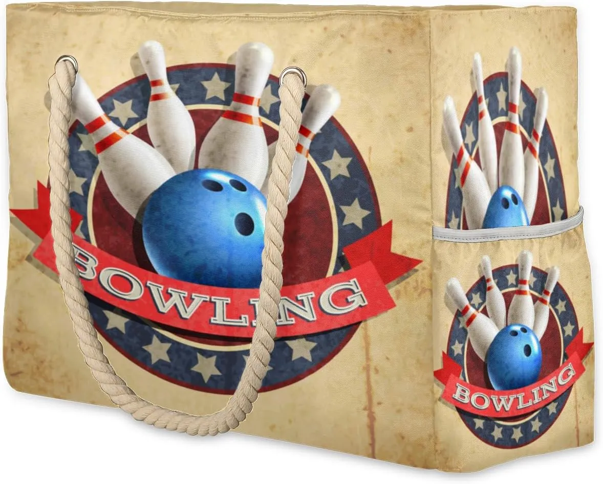Bowling Retro Grunge Pattern Beach Bag for Women Large Beach Tote Bag Waterproof Sandproof Beach Bags with Zipper Tote Bag for Women Pool Gym Travel