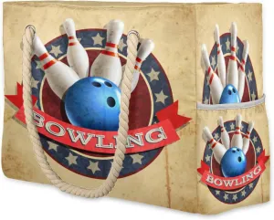 Bowling Retro Grunge Pattern Beach Bag for Women Large Beach Tote Bag Waterproof Sandproof Beach Bags with Zipper Tote Bag for Women Pool Gym Travel