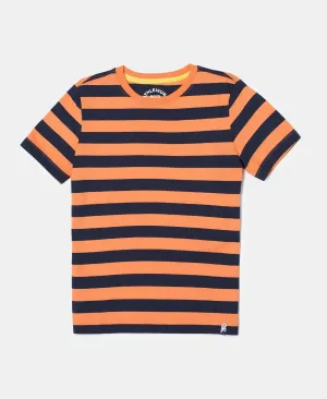 Boy's Super Combed Cotton Striped Half Sleeve T-Shirt - Orange & Navy