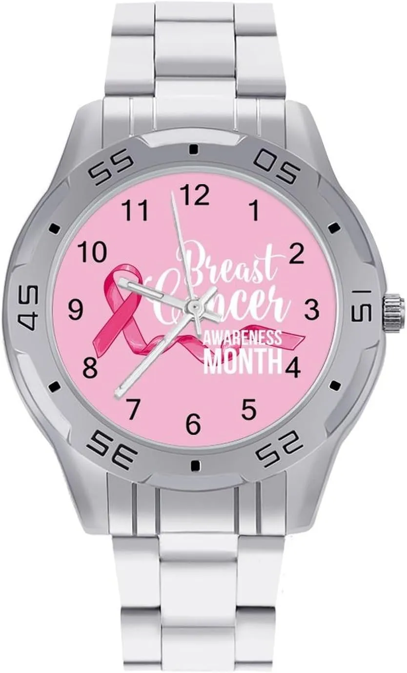 Breast Cancer Awareness Stainless Steel Metal Strap Simple Business Watches for Men Easy Reader Work Casual Watch