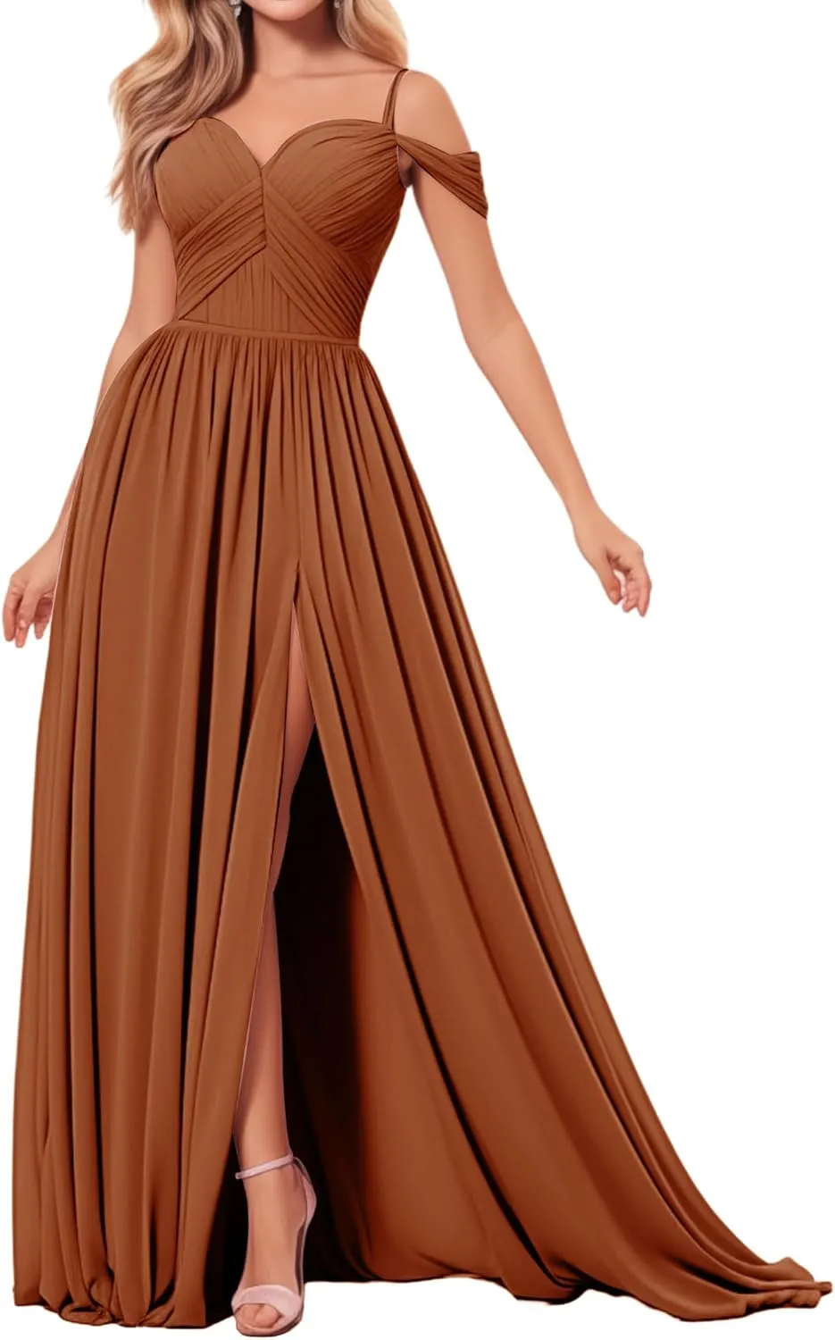 Bridesmaid Dresses Off-Shoulder Chiffon Pleated with Slit Formal Evening Gown for Womens
