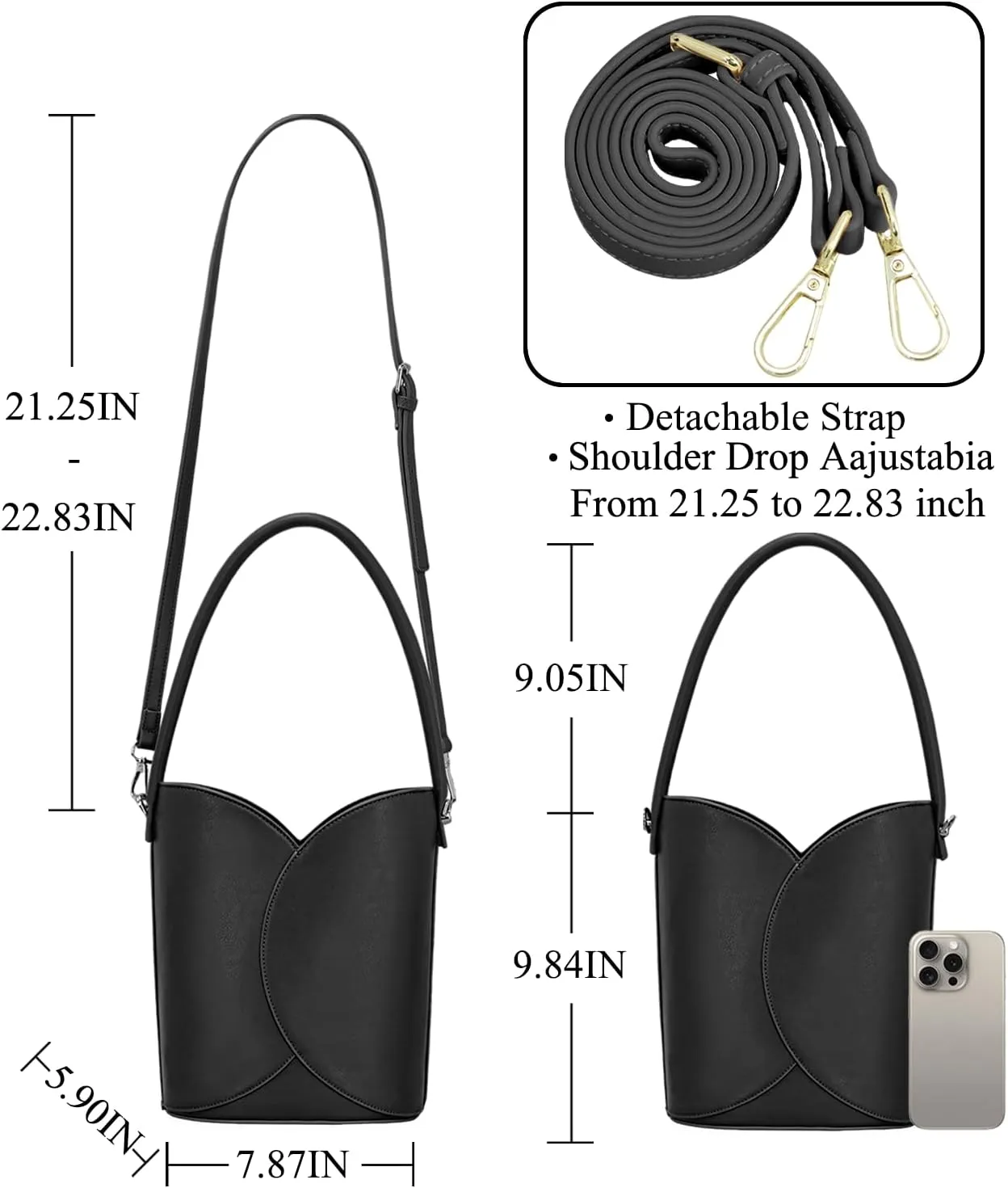 Bucket Bag for Women Vegan Leather Handbags with Removable Strap Small Shoulder Purse Crossbody Totes Bags