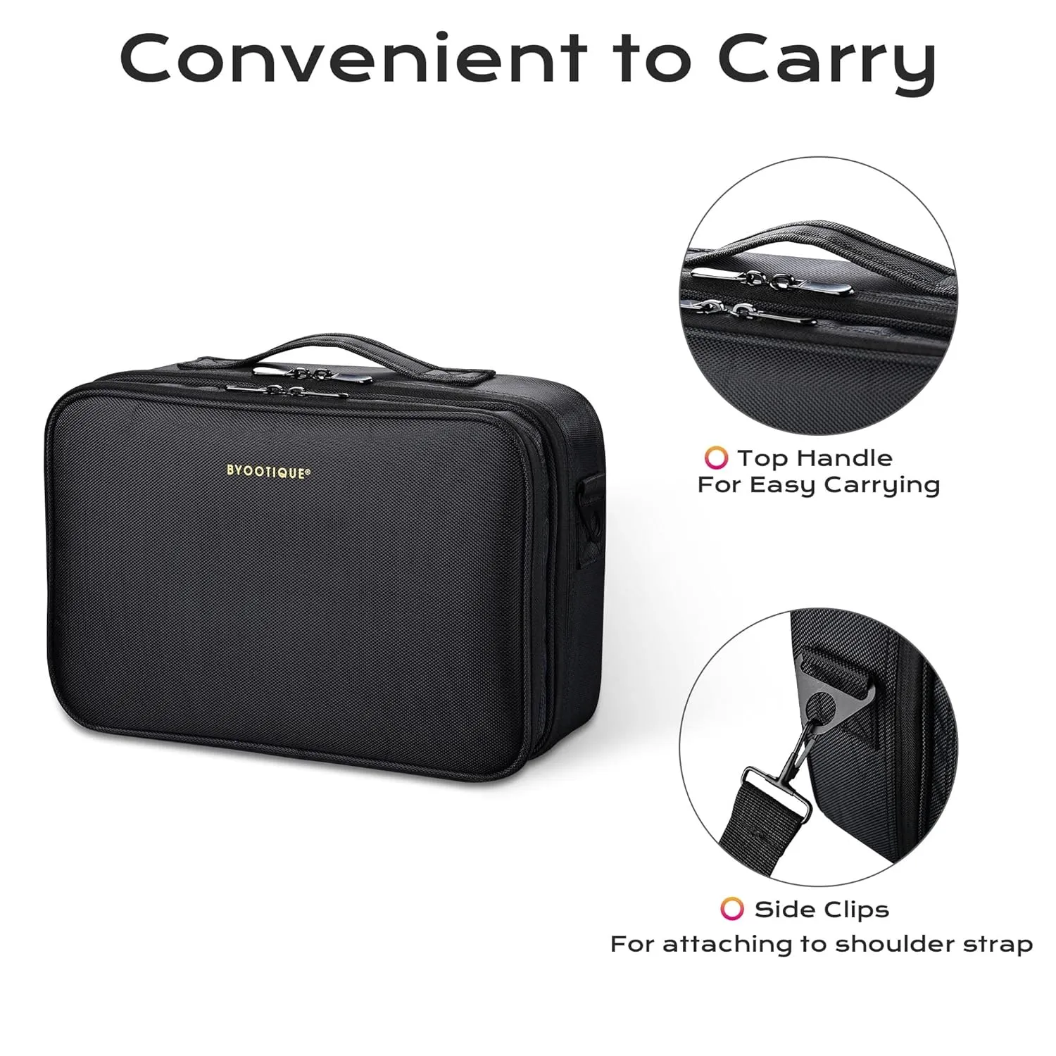 BYOOTIQUE Travel Makeup Bag Makeup Train Cases Professional Lipstick Organizer with Shoulder Strap Adjustable Dividers for Cosmetics Makeup Brushes Lipstick Toiletry Travel Accessories, Black