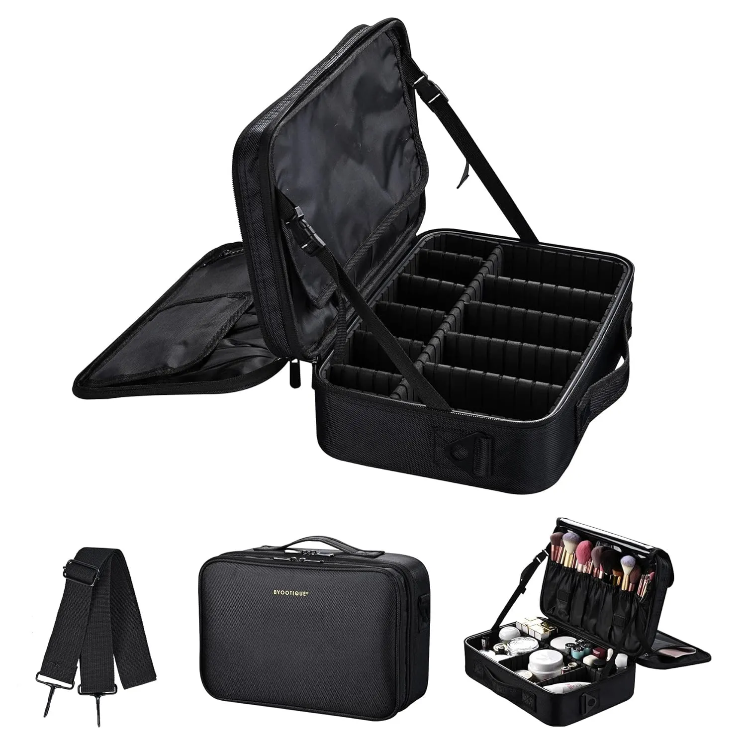 BYOOTIQUE Travel Makeup Bag Makeup Train Cases Professional Lipstick Organizer with Shoulder Strap Adjustable Dividers for Cosmetics Makeup Brushes Lipstick Toiletry Travel Accessories, Black