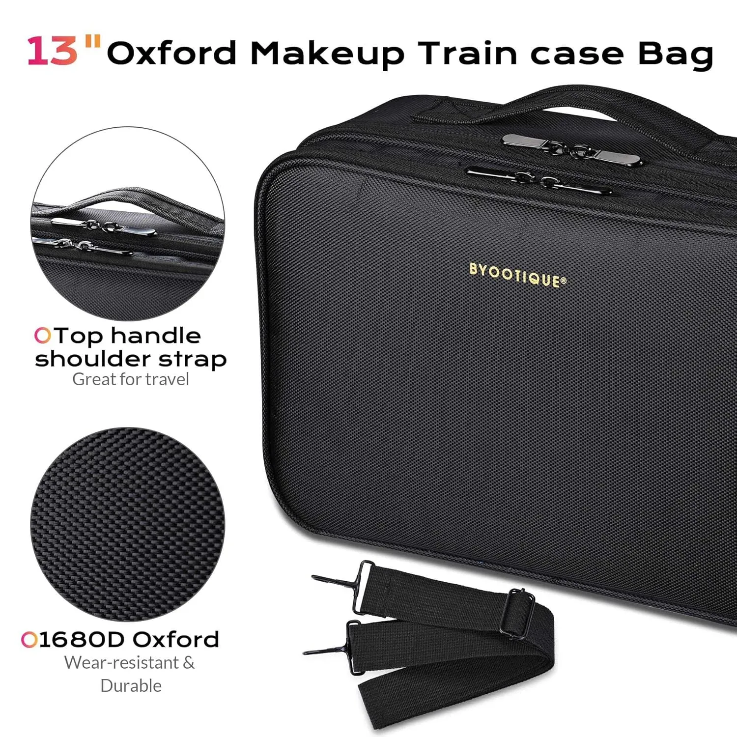 BYOOTIQUE Travel Makeup Bag Makeup Train Cases Professional Lipstick Organizer with Shoulder Strap Adjustable Dividers for Cosmetics Makeup Brushes Lipstick Toiletry Travel Accessories, Black