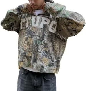 Camo Print Graphic Hoodie Cheetach Print Grunge Jackets Trendy Streetwear Y2k Vintage Women Oversized Zip Up Hoodie