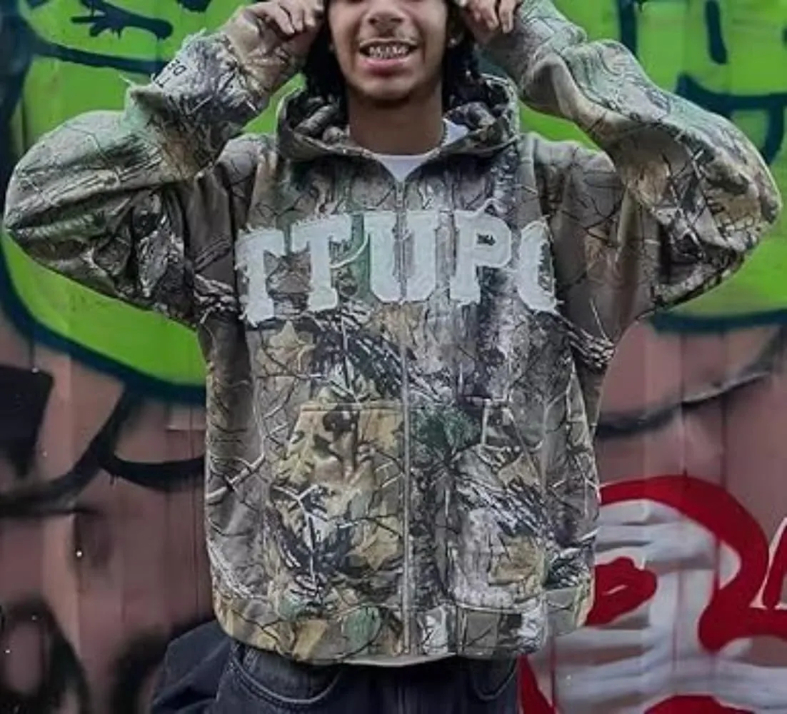 Camo Print Graphic Hoodie Cheetach Print Grunge Jackets Trendy Streetwear Y2k Vintage Women Oversized Zip Up Hoodie