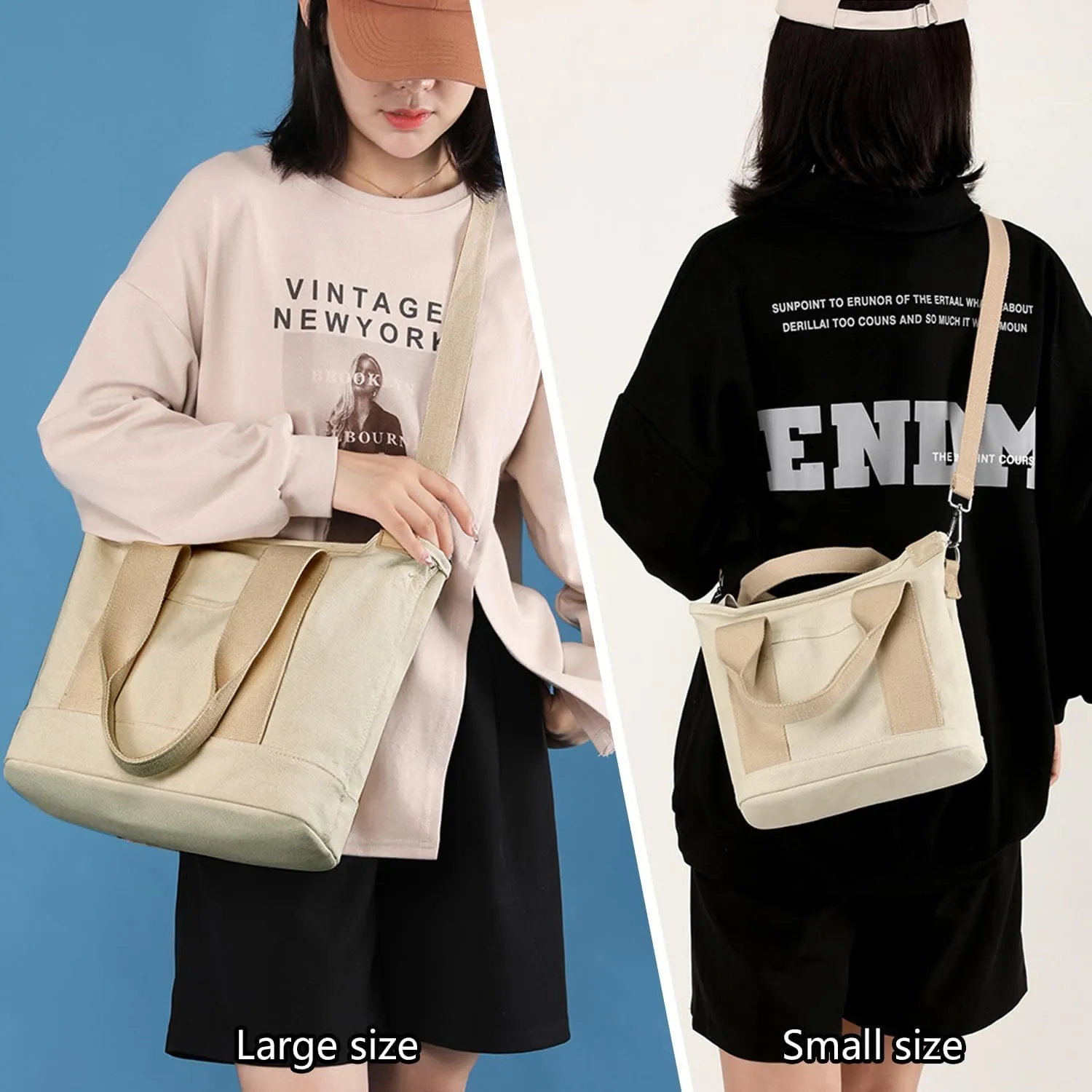 Canvas Tote Bag for Women,Small Totes Bags with Zipper Cute Crossbody Purse with Pockets Large Shoulder Handbag,2 Sizes