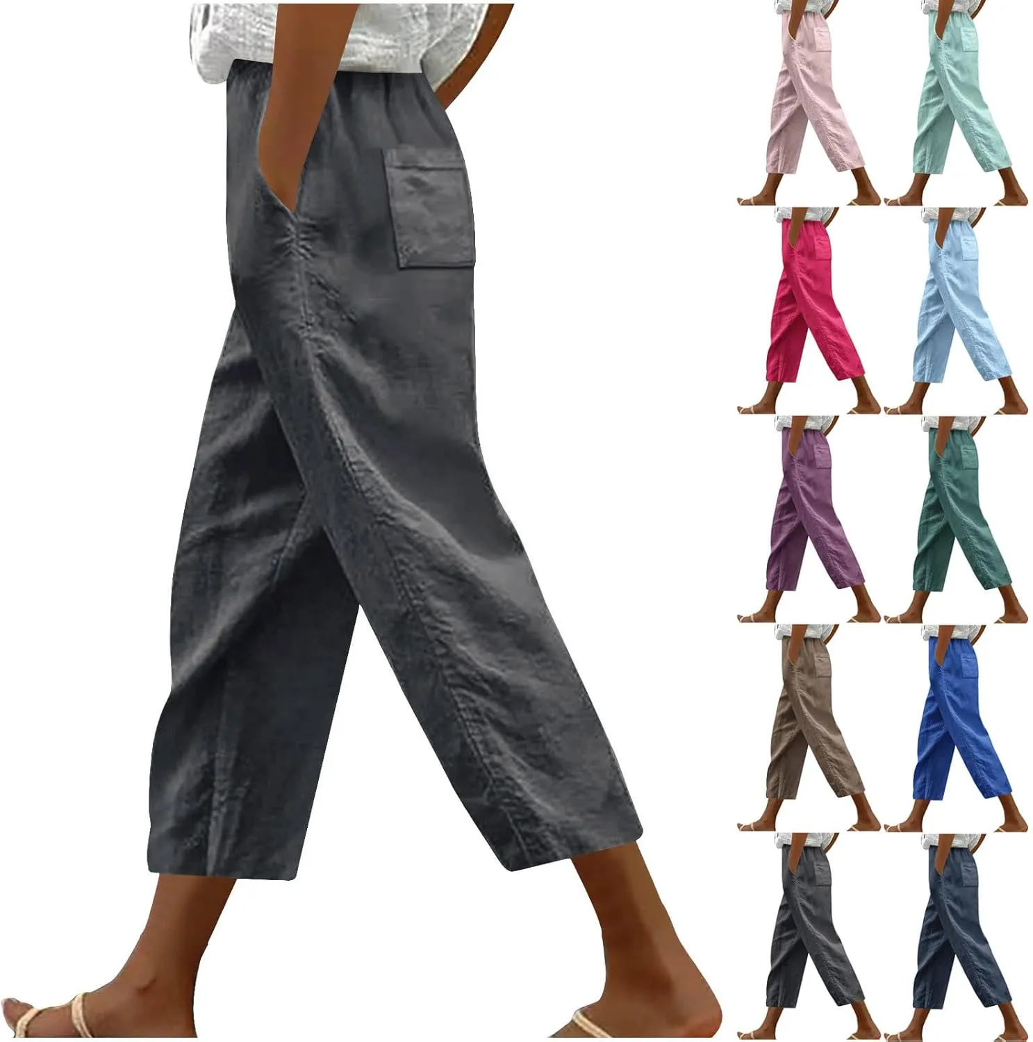 Capri Trousers Women's 3/4 Length Cropped Pants Yoga Pant Drawstring Jogging Bottoms High Waist Cropped Trouser