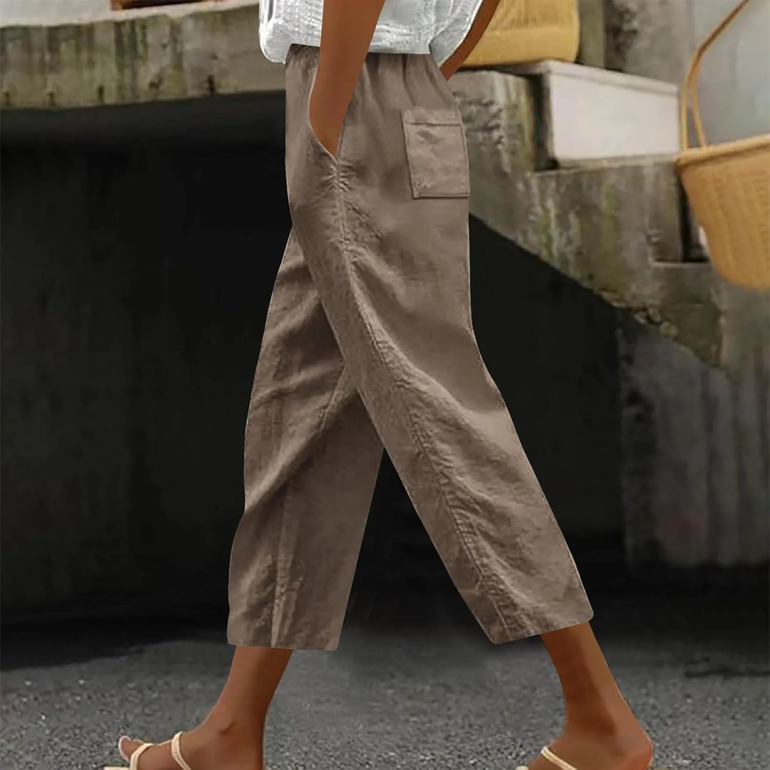 Capri Trousers Women's 3/4 Length Cropped Pants Yoga Pant Drawstring Jogging Bottoms High Waist Cropped Trouser