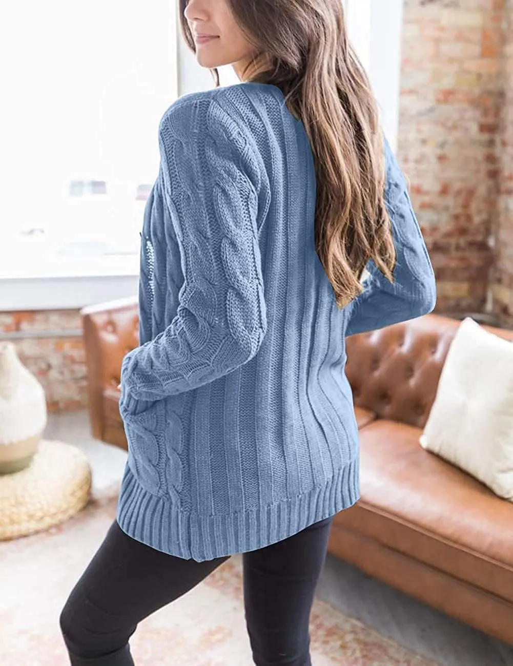 Cardigan Sweaters for Women Long Sleeve Open Front Button Cable Knit Pockets Cardigans