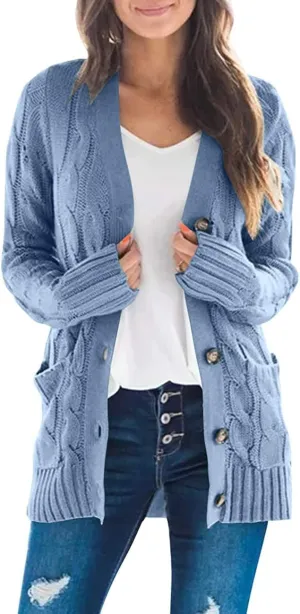 Cardigan Sweaters for Women Long Sleeve Open Front Button Cable Knit Pockets Cardigans