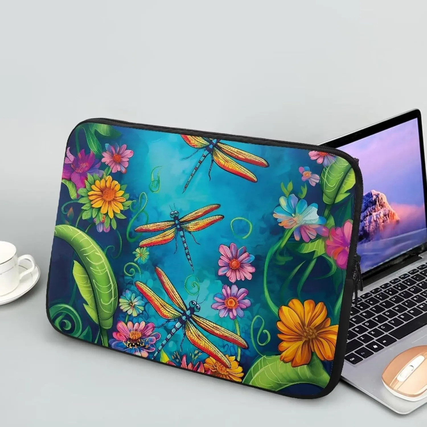Cartoon Dragonfly Printed Computer Bags for Laptops for Women Men, Easy to Carry Laptop Case Bag 10 Inch Flower Leaves Printed Laptop Briefcase Lightweight Computer Carrying Covers, Blue