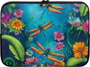 Cartoon Dragonfly Printed Computer Bags for Laptops for Women Men, Easy to Carry Laptop Case Bag 10 Inch Flower Leaves Printed Laptop Briefcase Lightweight Computer Carrying Covers, Blue