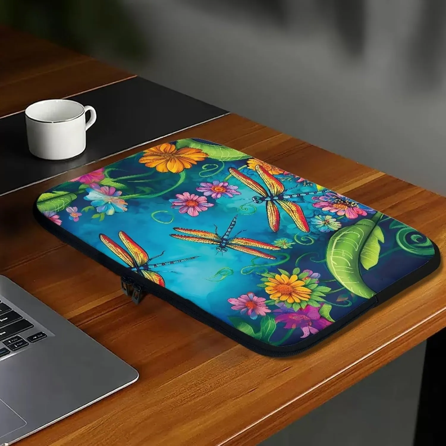 Cartoon Dragonfly Printed Computer Bags for Laptops for Women Men, Easy to Carry Laptop Case Bag 10 Inch Flower Leaves Printed Laptop Briefcase Lightweight Computer Carrying Covers, Blue