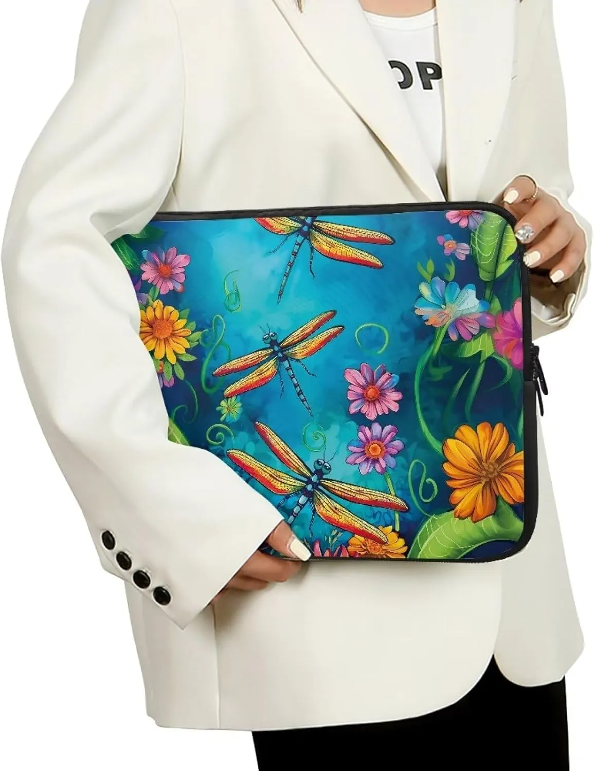 Cartoon Dragonfly Printed Computer Bags for Laptops for Women Men, Easy to Carry Laptop Case Bag 10 Inch Flower Leaves Printed Laptop Briefcase Lightweight Computer Carrying Covers, Blue